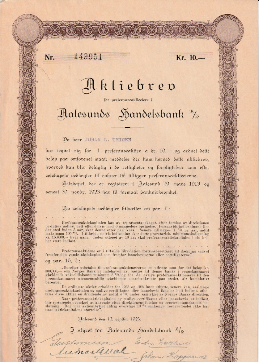 AALESUNDS HANDELSBANK - ÅLESUND 1923