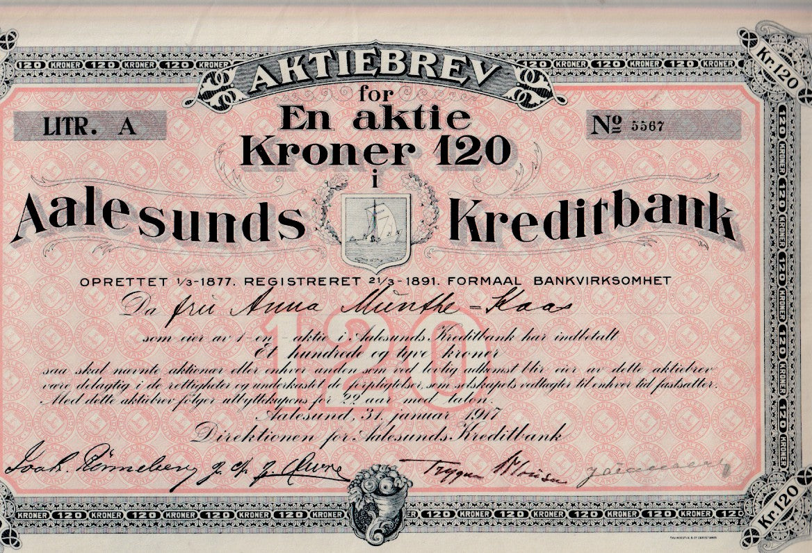 AALESUNDS KREDITBANK LITRA A. ÅLESUND 1917