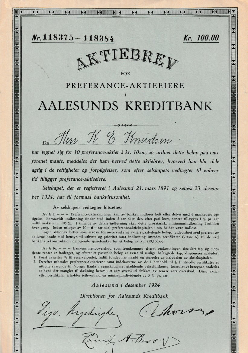 AALESUNDS KREDITBANK - PREFERANCE AKSJE- ÅLESUND 1924