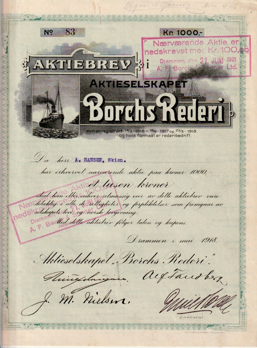 BORCHS REDERI - DRAMMEN 1918