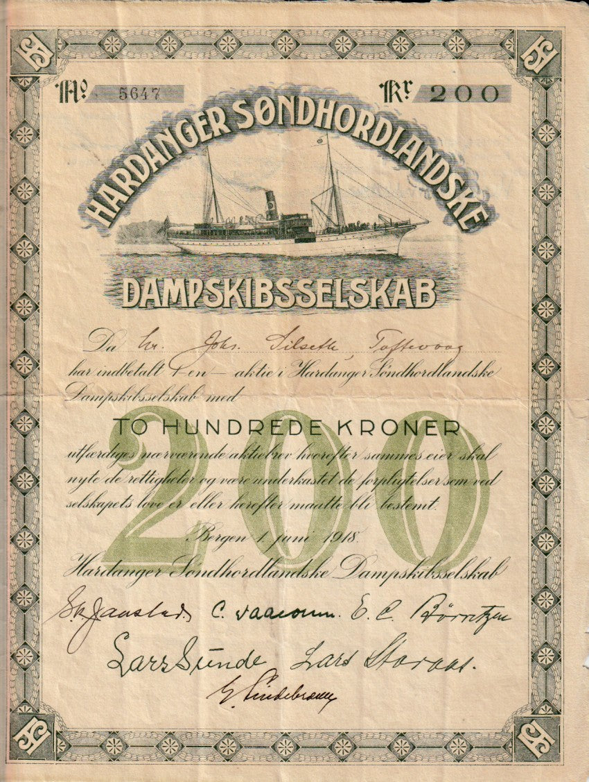 HARDANGER SØNDHORDLANDSKE DAMPSKIBSSELSKAB- BERGEN 1918