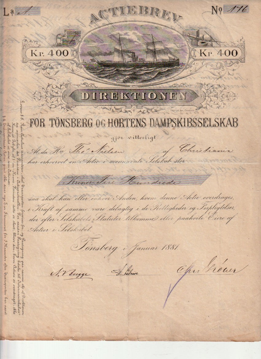 TØNSBERG OG HORTENS DAMPSKIBSSELSKAB- 1881