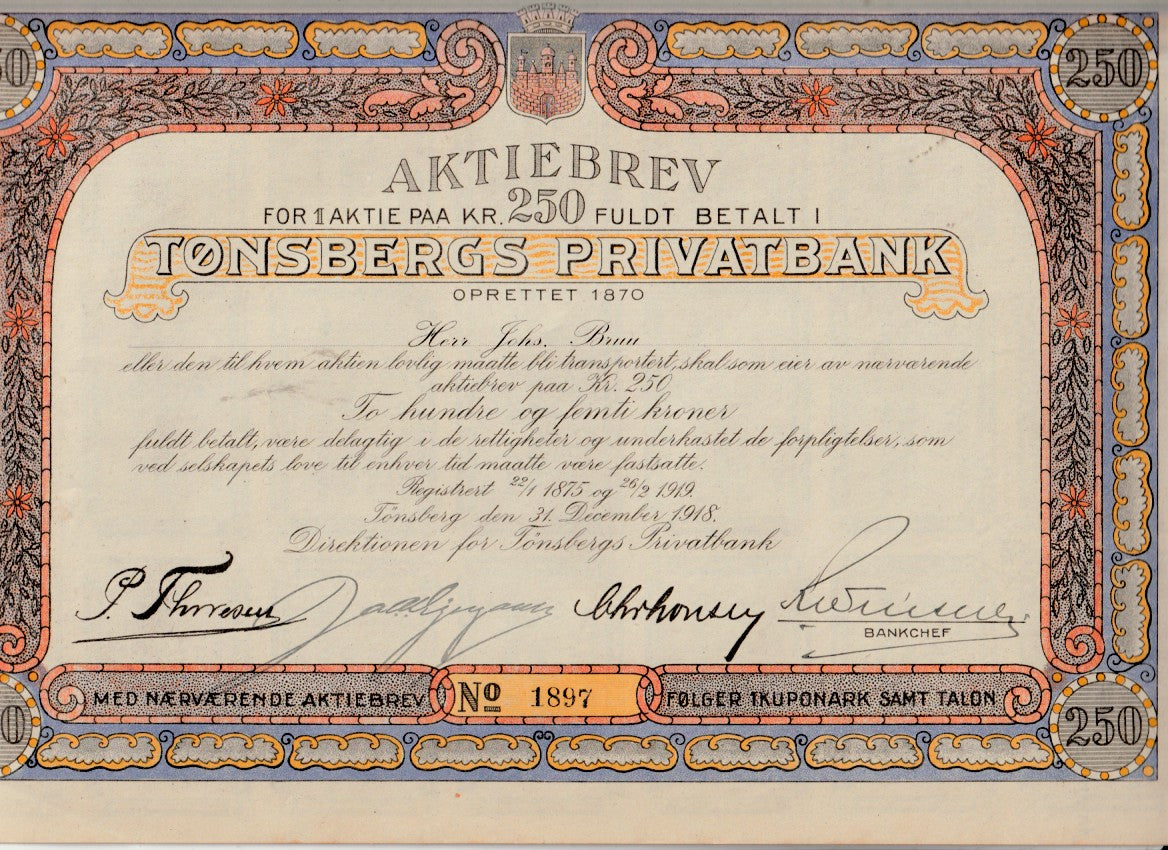 TØNSBERGS PRIVATBANK - TØNSBERG 1918