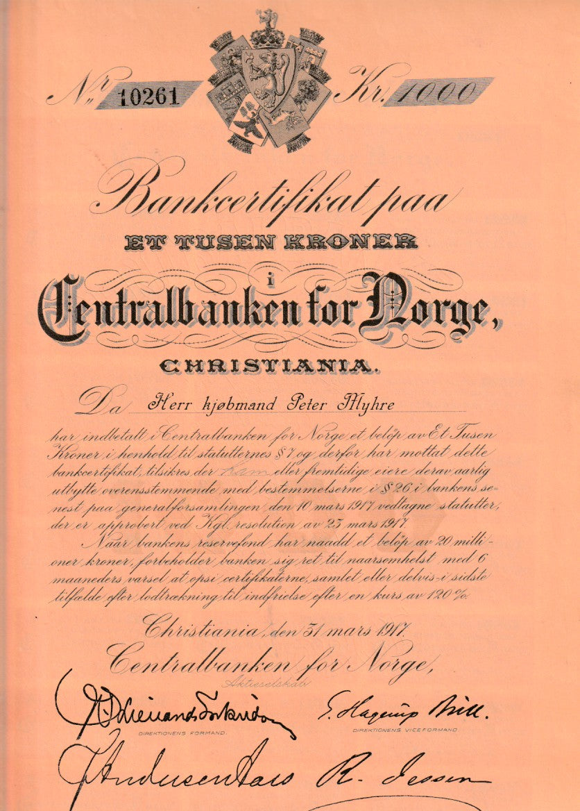 CENTRALBANKEN FOR NORGE - CHRISTIANIA 31.MARS 1917