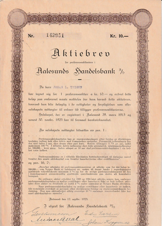 AALESUNDS HANDELSBANK - ÅLESUND  1923