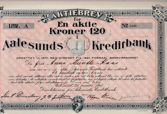 AALESUNDS KREDITBANK  LITRA A.  ÅLESUND  1917