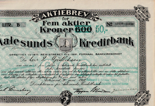 AALESUNDS  HANDELSBANK  LITRA  B.  ÅLESUND  1918