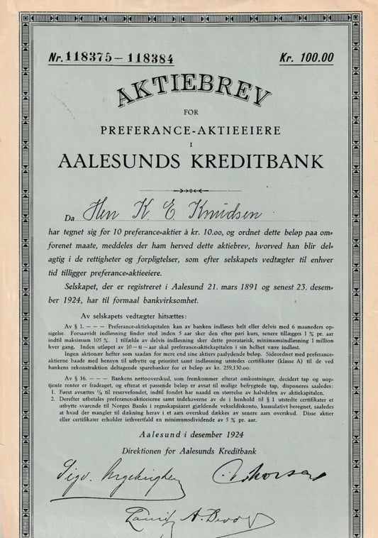 AALESUNDS  KREDITBANK  - PREFERANCE AKSJE-  ÅLESUND  1924