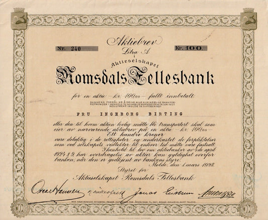 ROMSDALS FELLESBANK - LITRA A.  MOLDE  1928
