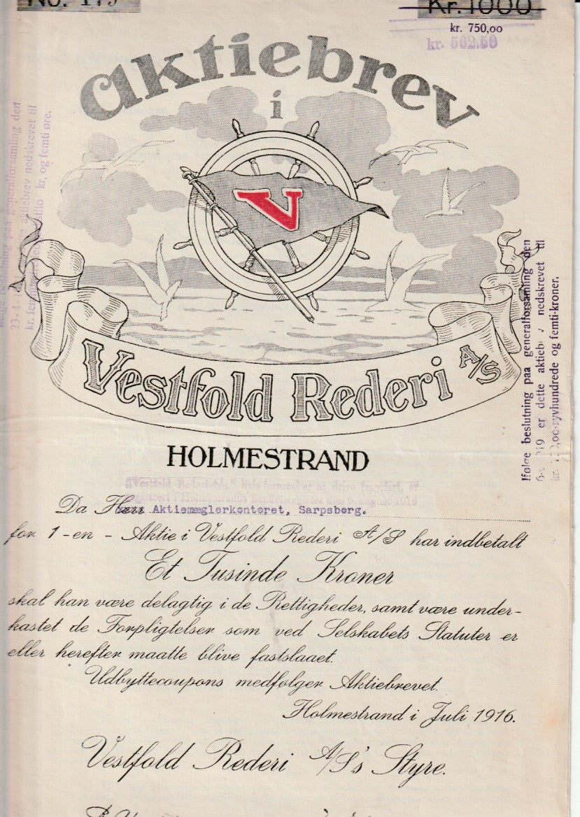 VESTFOLD  REDERI - HOLMESTRAND  1916