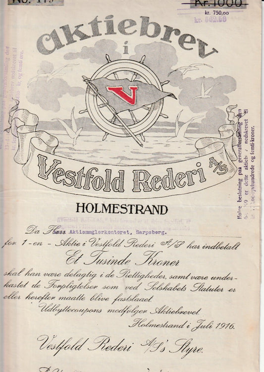 VESTFOLD  REDERI - HOLMESTRAND  1916