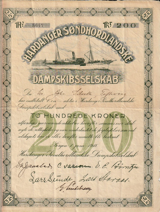 HARDANGER  SØNDHORDLANDSKE DAMPSKIBSSELSKAB- BERGEN  1918