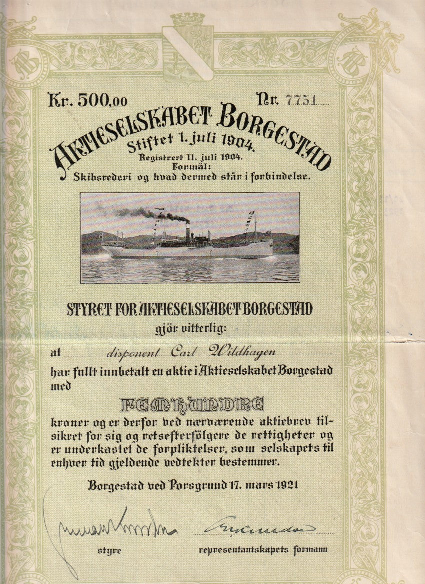 BORGESTAD   SKIBSREDERI - PORSGRUND  1921