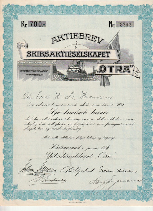 OTRA . SKIBSAKTIESELSKAPET- KRISTIANSAND  1920