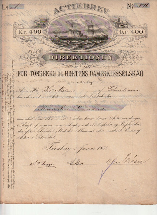TØNSBERG OG HORTENS DAMPSKIBSSELSKAB-  1881