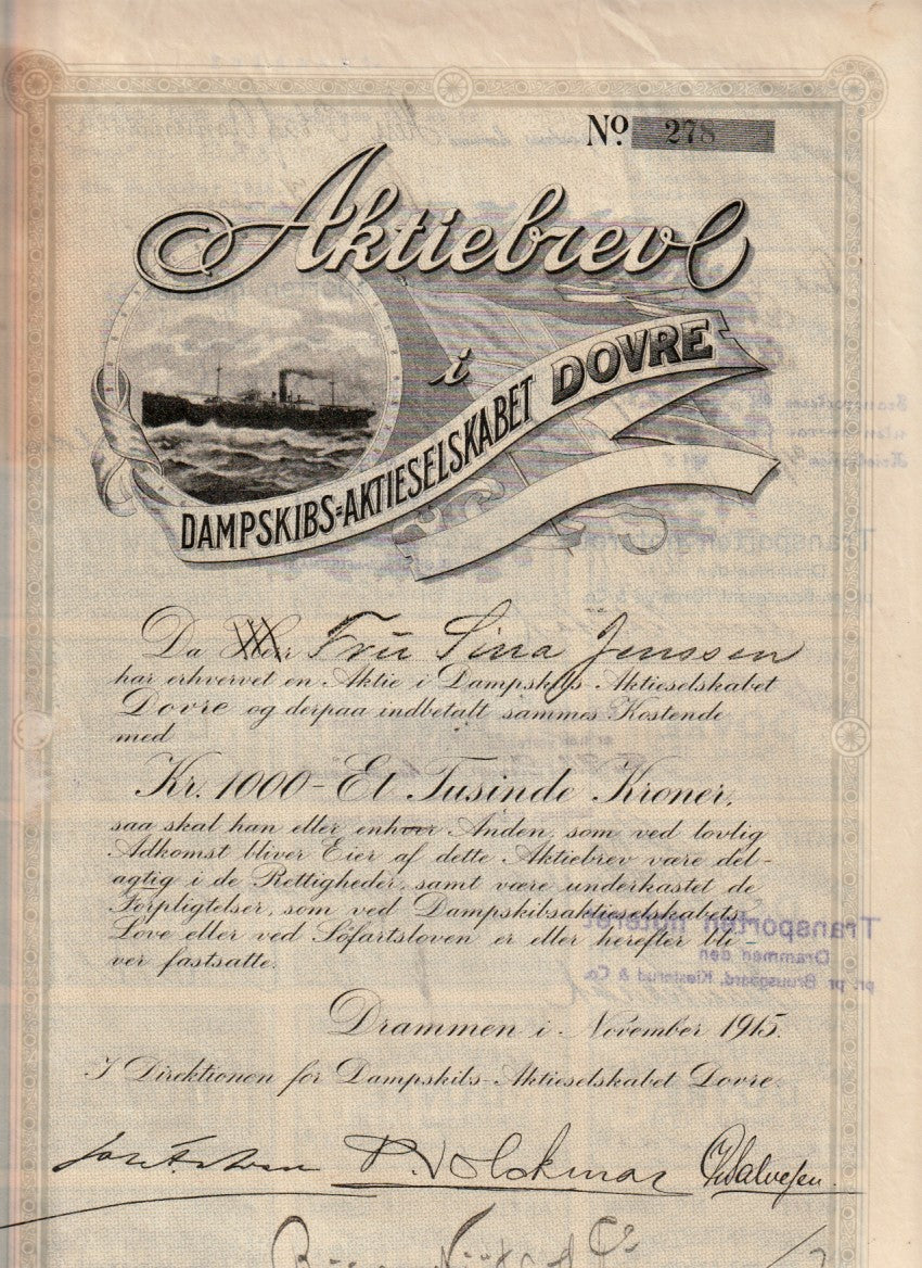 DOVRE  DAMPSKIBS-AKTIESELSKAPET-  DRAMMEN  1915