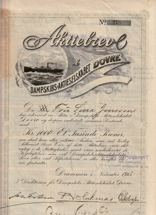 DOVRE  DAMPSKIBS-AKTIESELSKAPET-  DRAMMEN  1915