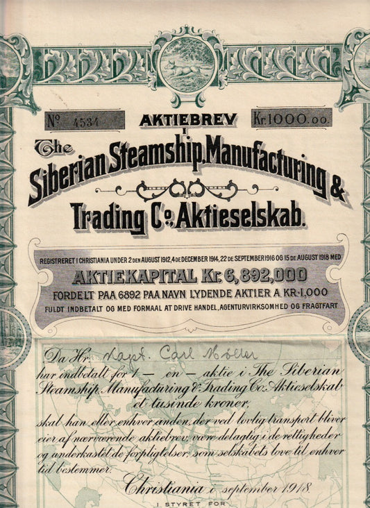 THE  SIBERIAN STAMSHIP, MANUFACTURING & TRADING CO.  CHRISTIANIA  1918