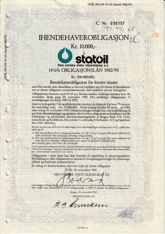 STATOIL - IHENDEHAVER OBLIGASJON- 14,5%  RENTE   OSLO 1982