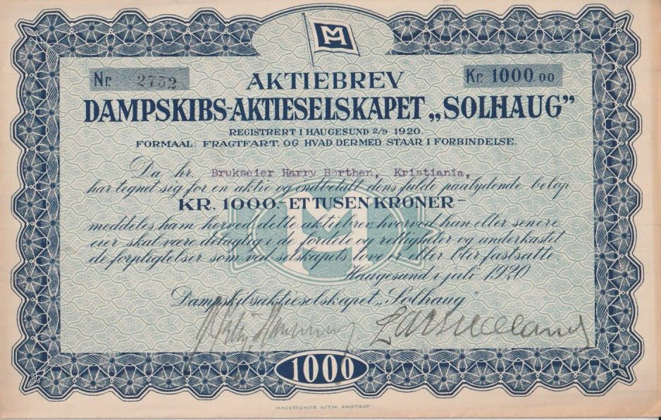 SOLHAUG DAMPSKIBS- AKTIESELSKAP- HAUHESUND  1920