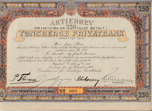 TØNSBERGS  PRIVATBANK - TØNSBERG  1918