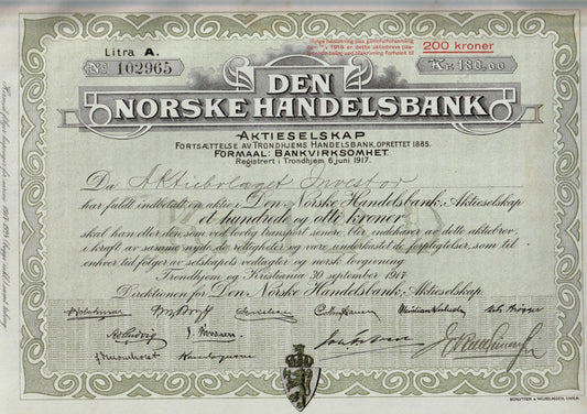 DEN NORSKE  HANDELSBANK-  LITRA  A.  TRONDHJEM OG KRISTIANIA  1917