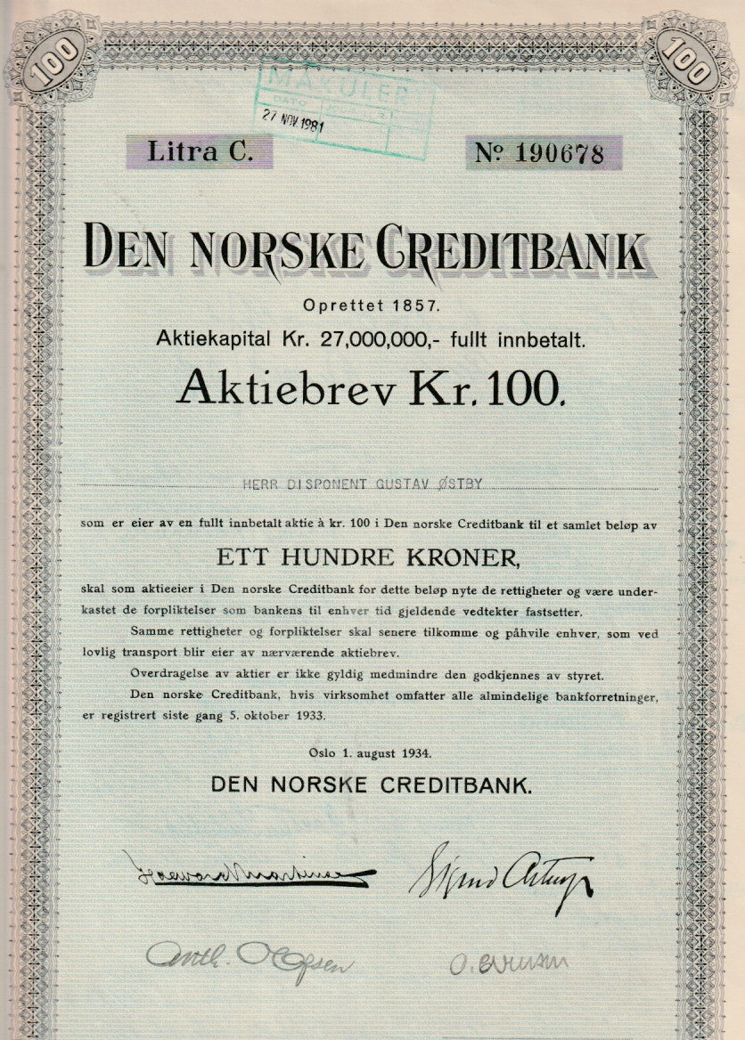 DEN NORSKE CREDITBANK LITRA  C - OSLO  1934